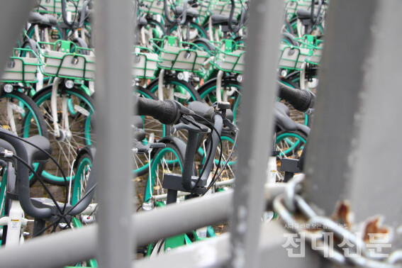 지난달 29일 광주시의 공용자전거 타랑께가 운영이 중단된 채 광주월드컵경기장에 보관되어 있다.