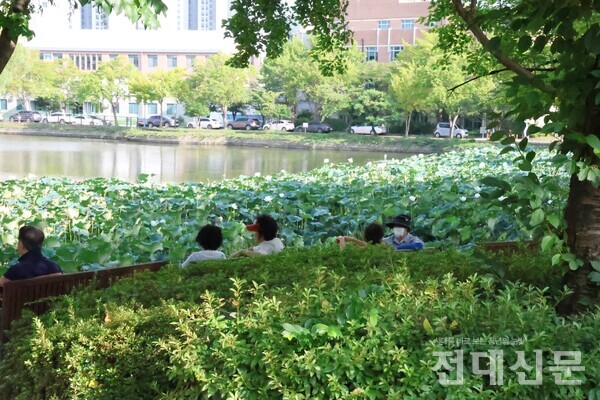 우리 대학 용지 벤치에 앉아 쉬고 있는 시민들의 모습.