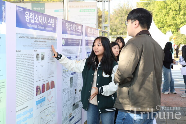 A student explains the content of a poster to another student at the Graduate Fair on Nov. 4.